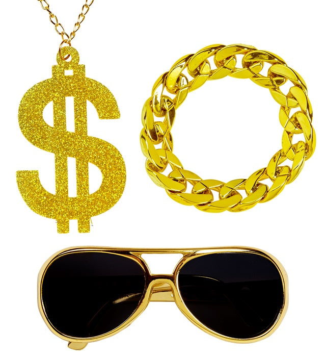 Goldene Sonnenbrille, goldene Dollar-Kette und goldenes Armband als Fasnacht-Accessoire