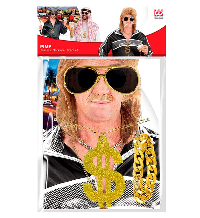 Goldene Sonnenbrille, goldene Dollar-Kette und goldenes Armband als Fasnacht-Accessoire