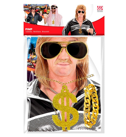 Goldene Sonnenbrille, goldene Dollar-Kette und goldenes Armband als Fasnacht-Accessoire