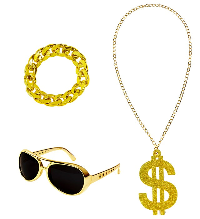 Goldene Sonnenbrille, goldene Dollar-Kette und goldenes Armband als Fasnacht-Accessoire