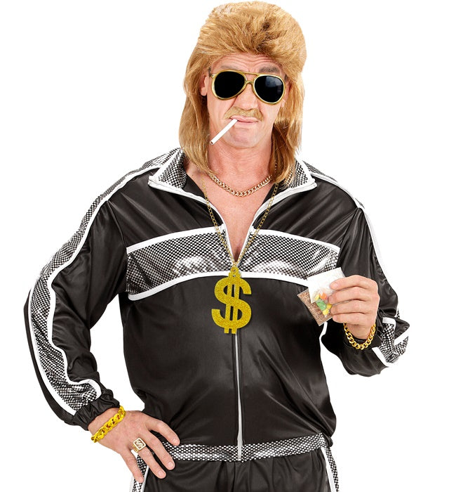 Goldene Sonnenbrille, goldene Dollar-Kette und goldenes Armband als Fasnacht-Accessoire