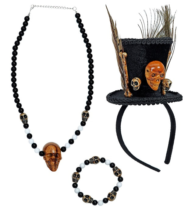 Voodoo Priesterin Minizylinder mit Totenkopf-Perlenkette und Totenkopfarmband