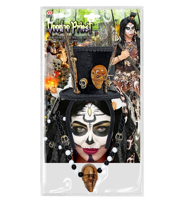 Voodoo Priesterin Minizylinder mit Totenkopf-Perlenkette und Totenkopfarmband