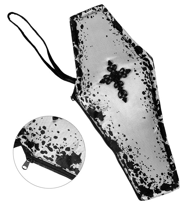 Schaurige Sarg Handtasche in schwarz mit Halloween-Motiv