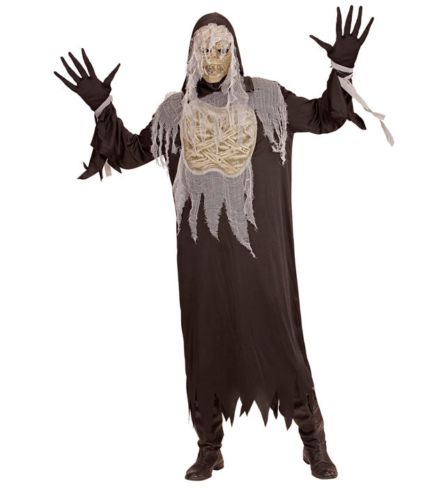 Mumien-Kostüm mit Kapuzenrobe, Handschuhen und Maske für Fasnacht