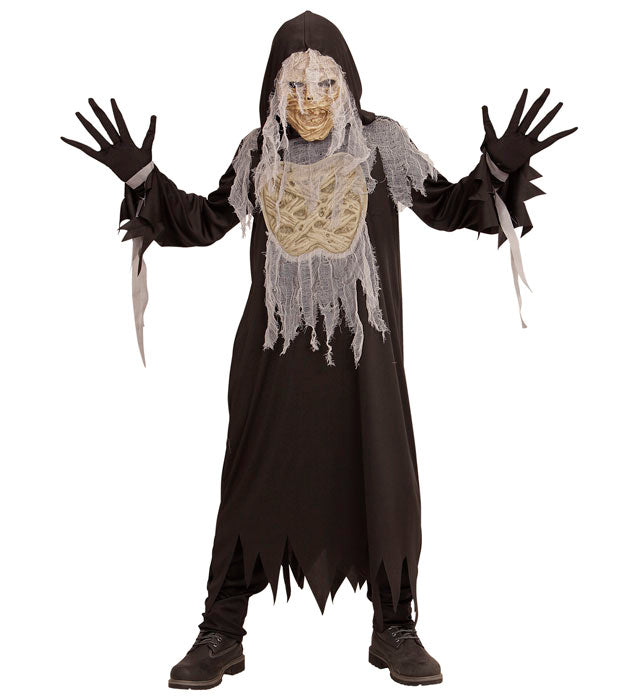 Mumien-Kostüm mit Kapuzenrobe, Handschuhen und Maske für Fasnacht
