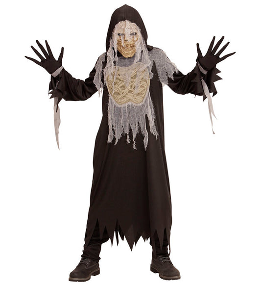 Mumien-Kostüm mit Kapuzenrobe, Handschuhen und Maske für Fasnacht