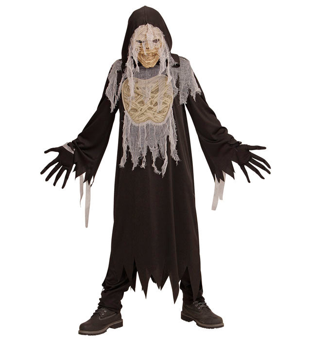Mumien-Kostüm mit Kapuzenrobe, Handschuhen und Maske für Fasnacht