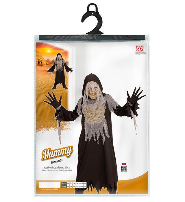 Mumien-Kostüm mit Kapuzenrobe, Handschuhen und Maske für Fasnacht