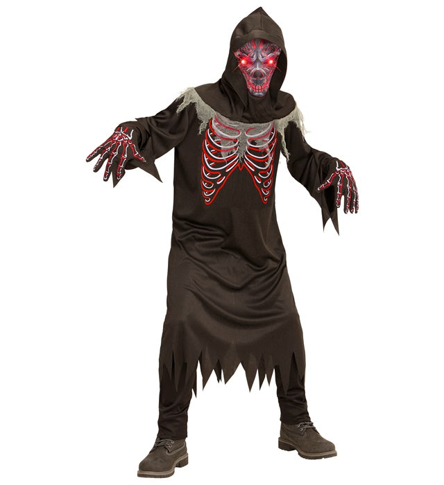 Dämonen-Kostüm mit schwarzer Robe, Kapuzenmaske und leuchtenden roten Augen im Dunkeln