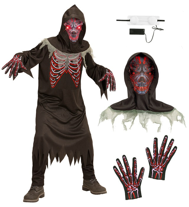 Dämonen-Kostüm mit schwarzer Robe, Kapuzenmaske und leuchtenden roten Augen im Dunkeln