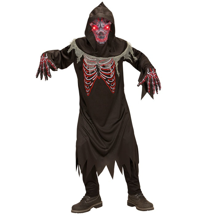 Dämonen-Kostüm mit schwarzer Robe, Kapuzenmaske und leuchtenden roten Augen im Dunkeln