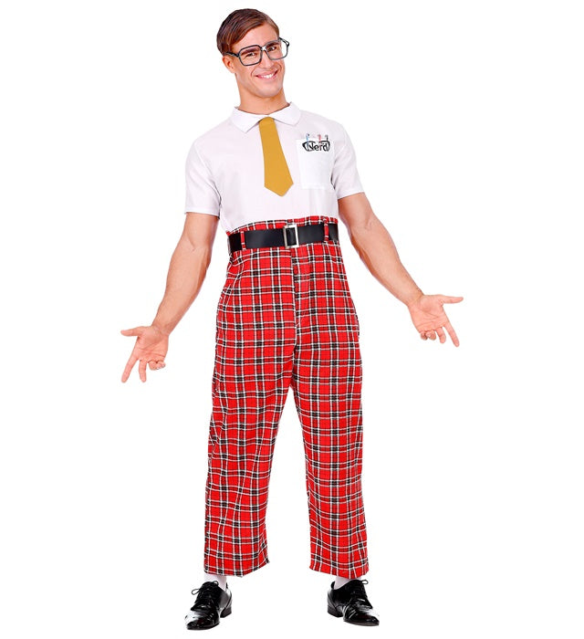 Nerd-Kostüm mit Overall, Gürtel, Krawatte und Brille für Fasnacht