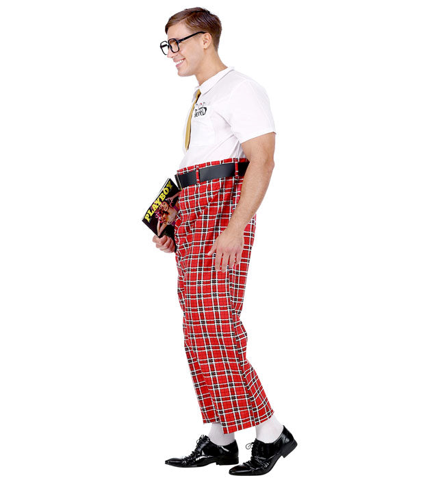 Nerd-Kostüm mit Overall, Gürtel, Krawatte und Brille für Fasnacht
