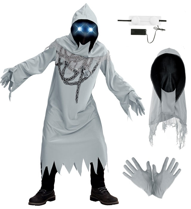 Geist in Ketten Kostüm mit schwarzer Robe, Kapuzenmaske und leuchtenden Augen