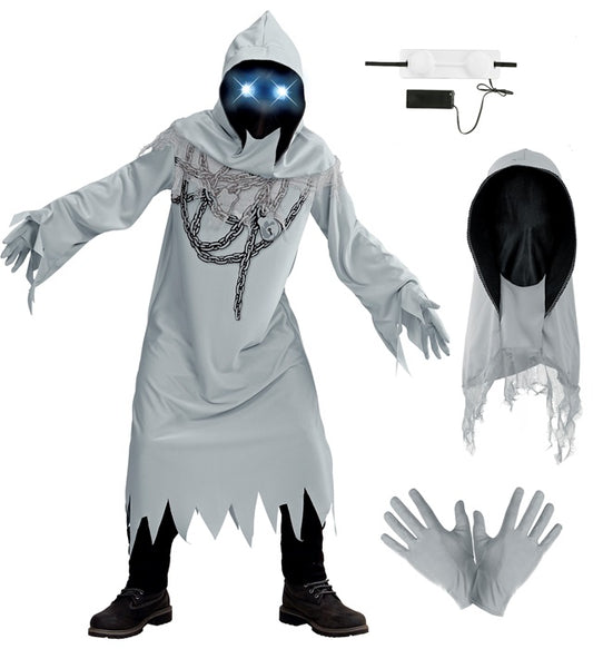 Geist in Ketten Kostüm mit schwarzer Robe, Kapuzenmaske und leuchtenden Augen