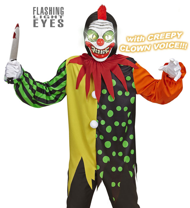 Killer Clown Kostüm mit Kapuze und Maske mit leuchtenden Augen