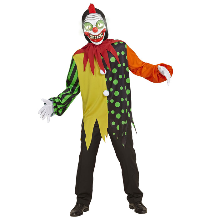 Killer Clown Kostüm mit Kapuze und Maske mit leuchtenden Augen