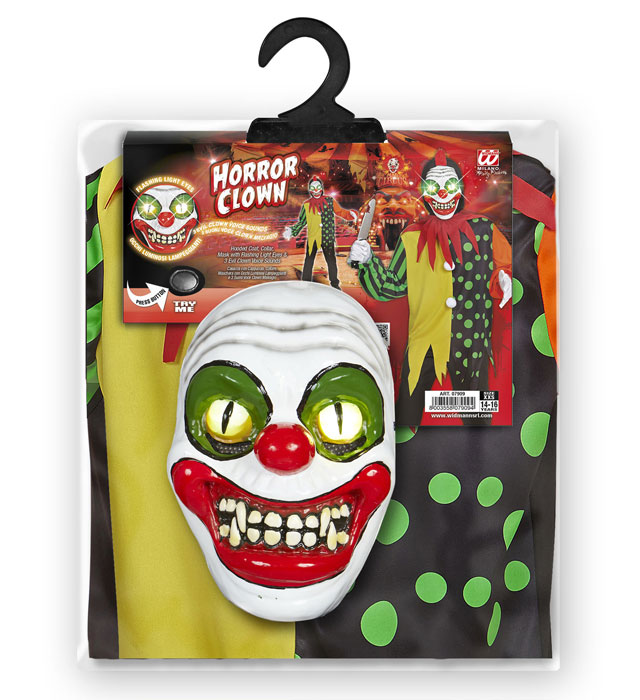 Killer Clown Kostüm mit Kapuze und Maske mit leuchtenden Augen