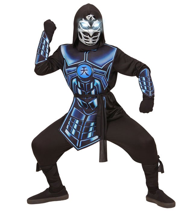 Cyber Ninja Kostüm mit Kapuze, Rüstung und leuchtender Maske mit Roboterstimmen