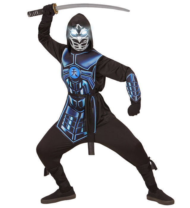 Cyber Ninja Kostüm mit Kapuze, Rüstung und leuchtender Maske mit Roboterstimmen
