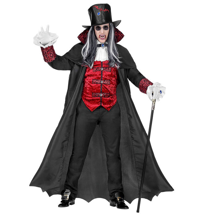 Vampir Lord Kostüm mit langem Mantel, Weste, Jabot und schwarzem Zylinder
