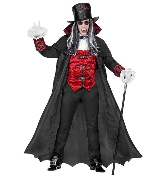 Vampir Lord Kostüm mit langem Mantel, Weste, Jabot und schwarzem Zylinder