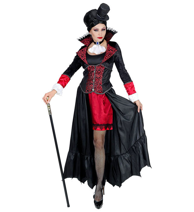 Vampir-Kostüm mit langem schwarzen Mantel, Halsband mit Jabot und Minihut