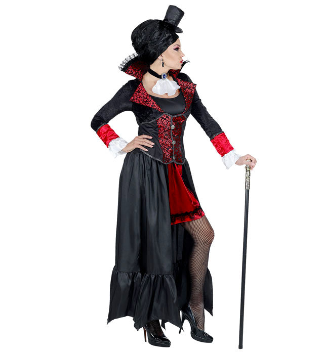Vampir-Kostüm mit langem schwarzen Mantel, Halsband mit Jabot und Minihut