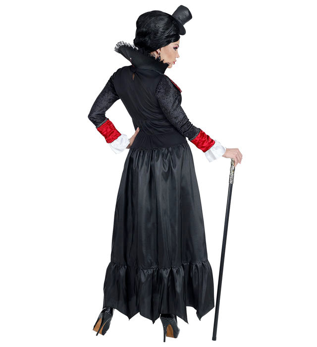 Vampir-Kostüm mit langem schwarzen Mantel, Halsband mit Jabot und Minihut