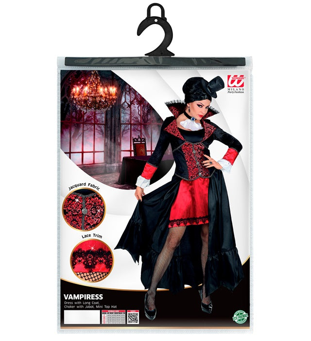 Vampir-Kostüm mit langem schwarzen Mantel, Halsband mit Jabot und Minihut