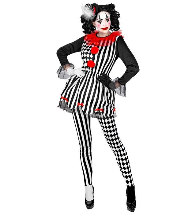 Horror Harlekina Kostüm mit Kleid, Leggings und Minihut für Fasnacht