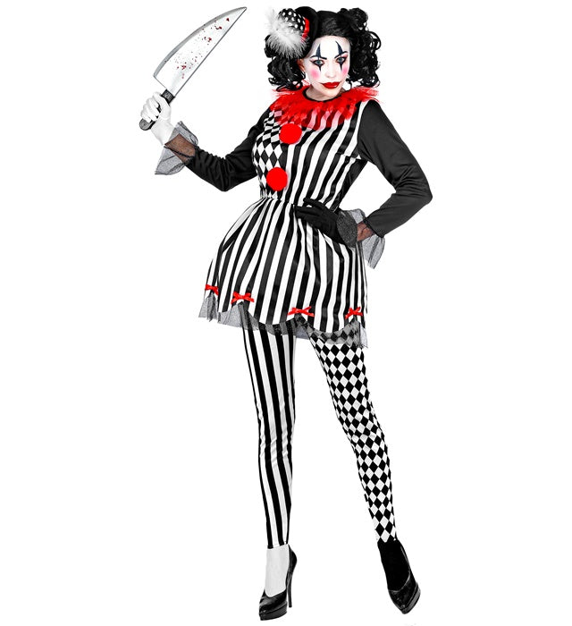 Horror Harlekina Kostüm mit Kleid, Leggings und Minihut für Fasnacht