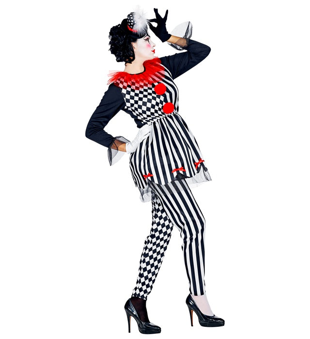 Horror Harlekina Kostüm mit Kleid, Leggings und Minihut für Fasnacht