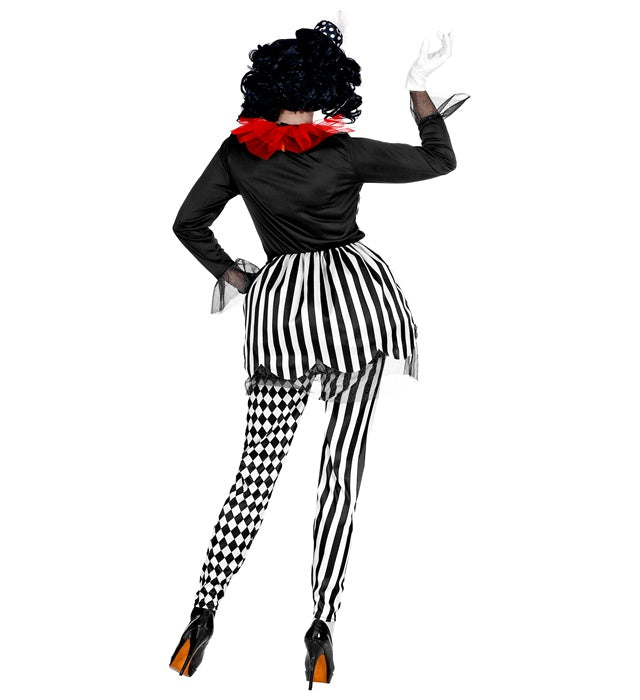 Horror Harlekina Kostüm mit Kleid, Leggings und Minihut für Fasnacht