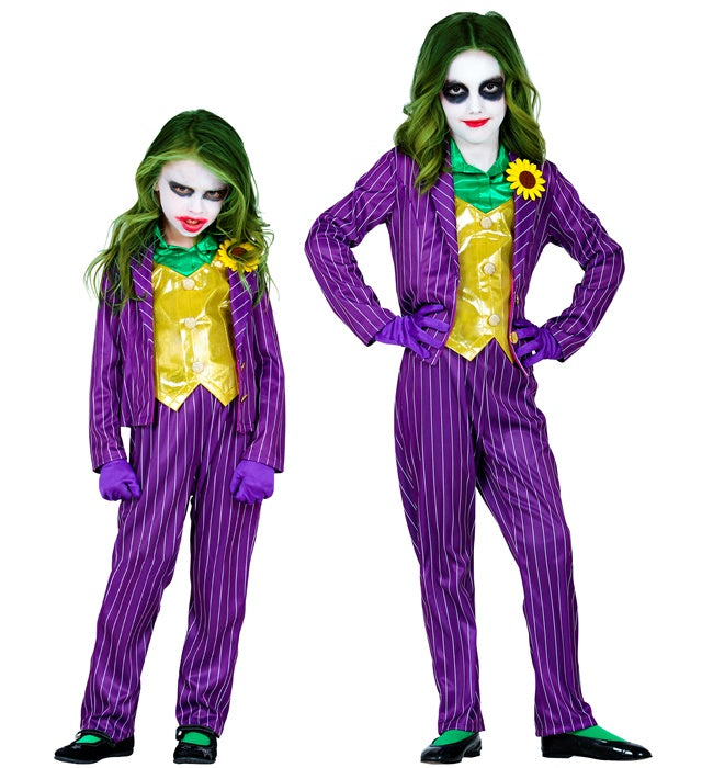 Evil Clown Kostüm mit Jacke, Bluse, Weste, Hose und Handschuhen auf weißem Hintergrund