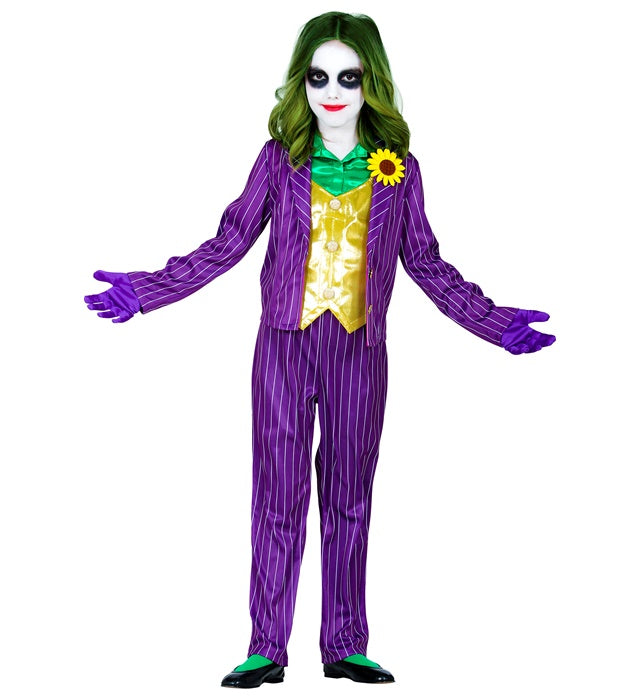 Evil Clown Kostüm mit Jacke, Bluse, Weste, Hose und Handschuhen auf weißem Hintergrund