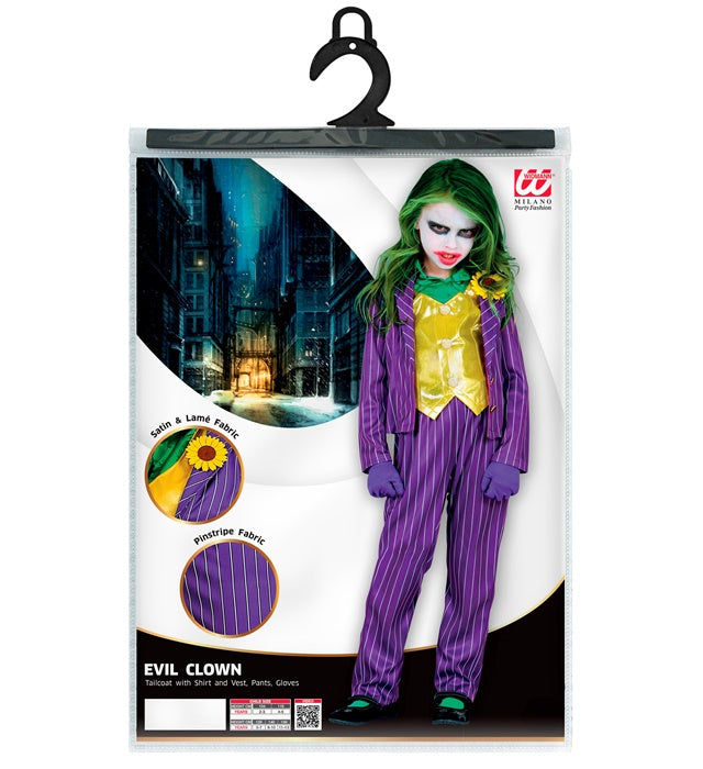 Evil Clown Kostüm mit Jacke, Bluse, Weste, Hose und Handschuhen auf weißem Hintergrund