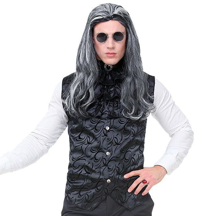 Gotische schwarze Weste aus Atlas mit Jabot und Edelstein für Fasnacht und Halloween