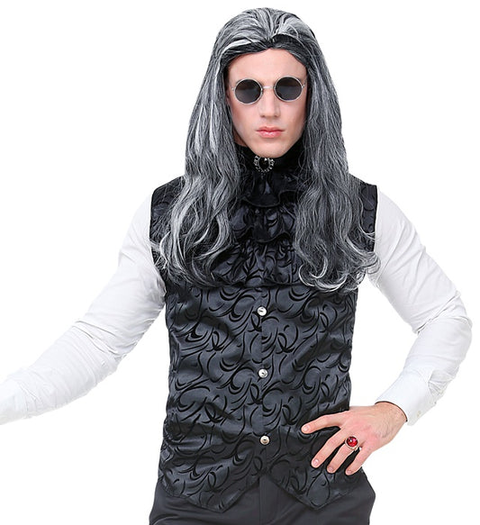 Gotische schwarze Weste aus Atlas mit Jabot und Edelstein für Fasnacht und Halloween
