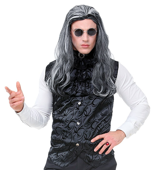 Gotische schwarze Weste aus Atlas mit Jabot und Edelstein für Fasnacht und Halloween