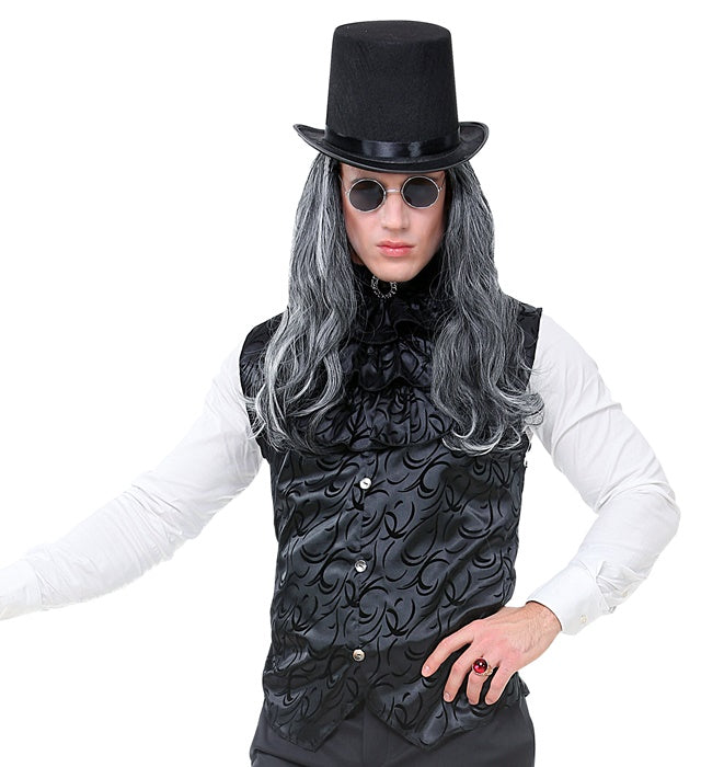 Gotische schwarze Weste aus Atlas mit Jabot und Edelstein für Fasnacht und Halloween