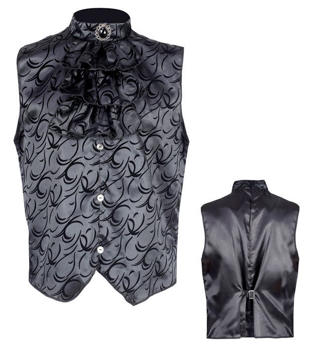 Gotische schwarze Weste aus Atlas mit Jabot und Edelstein für Fasnacht und Halloween