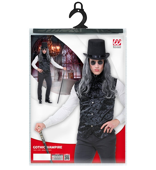 Gotische schwarze Weste aus Atlas mit Jabot und Edelstein für Fasnacht und Halloween