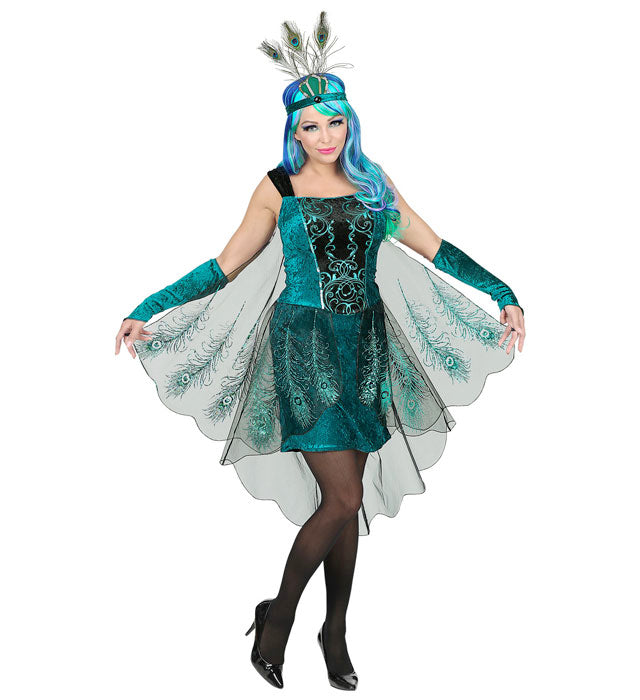 Pfauen-Kleid mit Feder-Schleier, Armstulpen und Kopfschmuck für Fasnacht