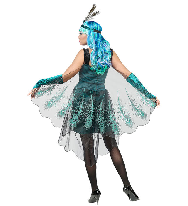 Pfauen-Kleid mit Feder-Schleier, Armstulpen und Kopfschmuck für Fasnacht