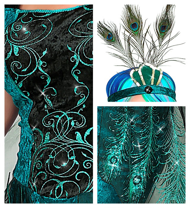 Pfauen-Kleid mit Feder-Schleier, Armstulpen und Kopfschmuck für Fasnacht