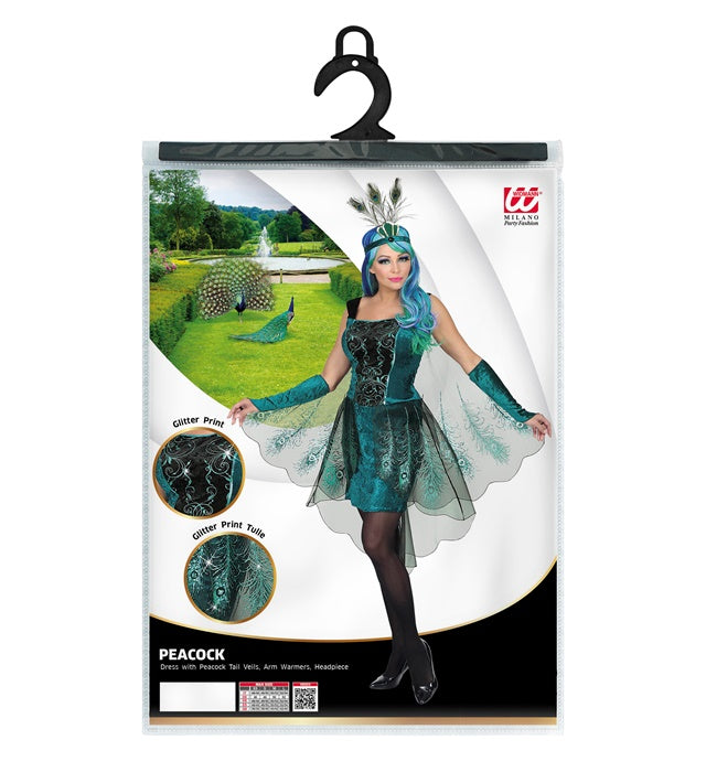 Pfauen-Kleid mit Feder-Schleier, Armstulpen und Kopfschmuck für Fasnacht