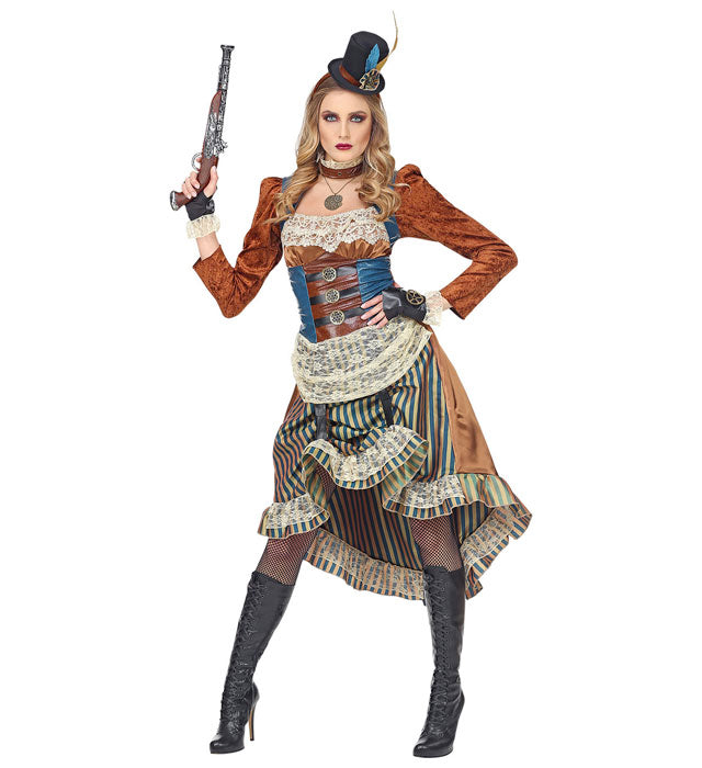 Steampunk-Kleid mit Halsband, fingerlosen Handschuhen und Minihut auf weissem Hintergrund