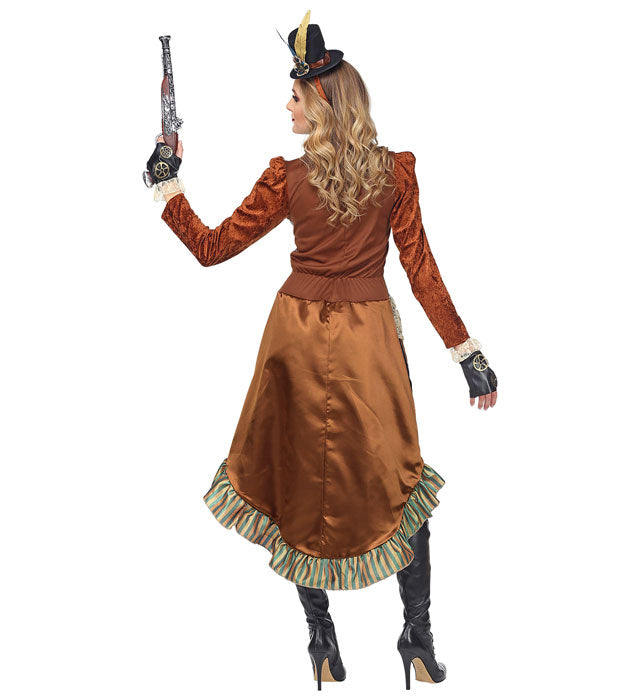 Steampunk-Kleid mit Halsband, fingerlosen Handschuhen und Minihut auf weissem Hintergrund